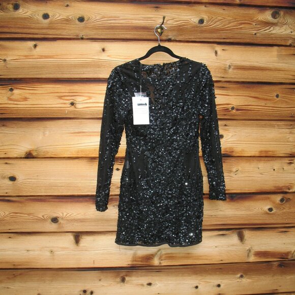 Mac Duggal 10976 Black Long Sleeve Sheer Embellished Mini Dress - Picture 9 of 12